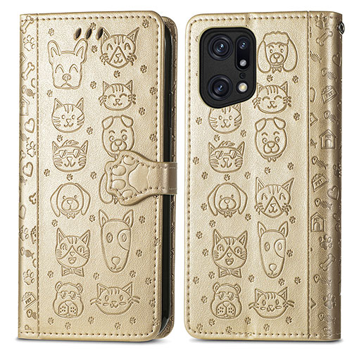 Leather Case Stands Fashionable Pattern Flip Cover Holder S03D for Oppo Find X5 5G Gold