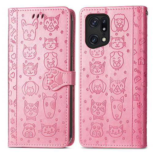 Leather Case Stands Fashionable Pattern Flip Cover Holder S03D for Oppo Find X5 5G Pink