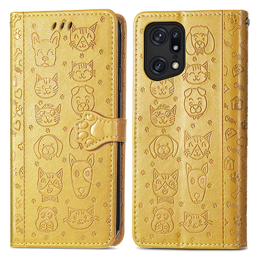 Leather Case Stands Fashionable Pattern Flip Cover Holder S03D for Oppo Find X5 5G Yellow