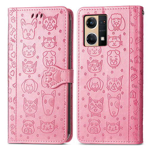 Leather Case Stands Fashionable Pattern Flip Cover Holder S03D for Oppo Reno7 4G Pink
