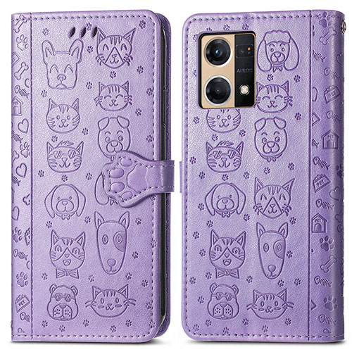 Leather Case Stands Fashionable Pattern Flip Cover Holder S03D for Oppo Reno7 4G Purple