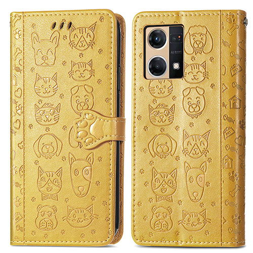 Leather Case Stands Fashionable Pattern Flip Cover Holder S03D for Oppo Reno7 4G Yellow