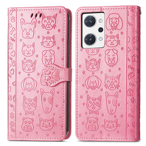 Leather Case Stands Fashionable Pattern Flip Cover Holder S03D for Oppo Reno7 A Pink