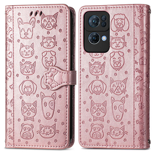 Leather Case Stands Fashionable Pattern Flip Cover Holder S03D for Oppo Reno7 Pro 5G Rose Gold
