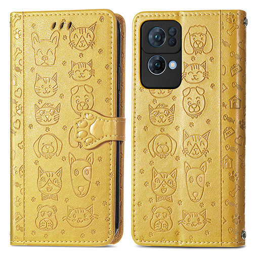 Leather Case Stands Fashionable Pattern Flip Cover Holder S03D for Oppo Reno7 Pro 5G Yellow