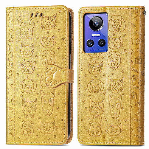 Leather Case Stands Fashionable Pattern Flip Cover Holder S03D for Realme GT Neo3 5G Yellow