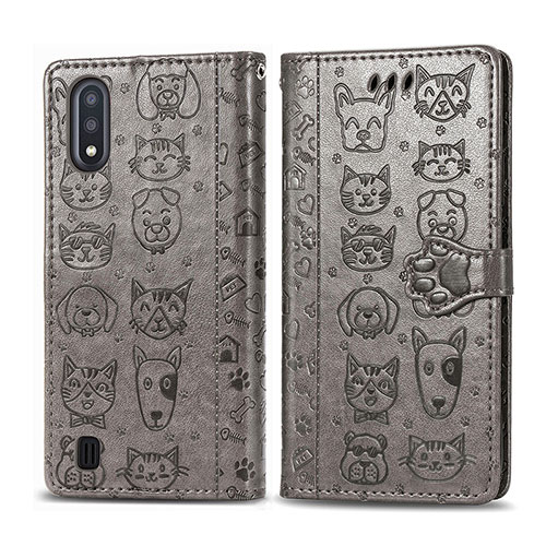Leather Case Stands Fashionable Pattern Flip Cover Holder S03D for Samsung Galaxy A01 SM-A015 Gray