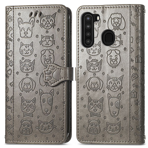 Leather Case Stands Fashionable Pattern Flip Cover Holder S03D for Samsung Galaxy A21 Gray