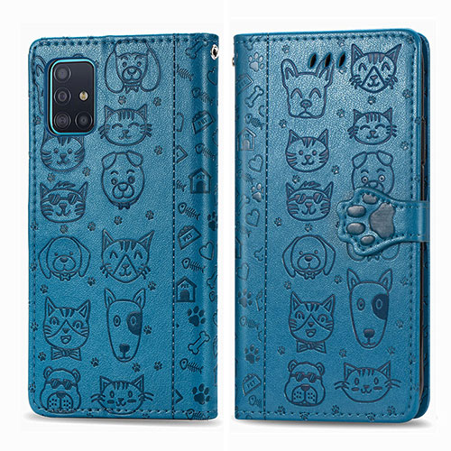 Leather Case Stands Fashionable Pattern Flip Cover Holder S03D for Samsung Galaxy A51 4G Blue