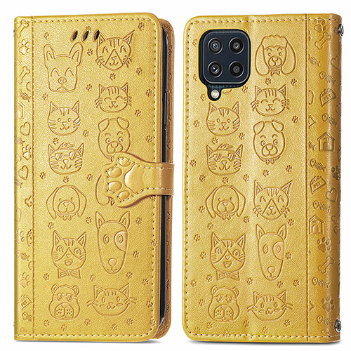 Leather Case Stands Fashionable Pattern Flip Cover Holder S03D for Samsung Galaxy M32 4G Yellow