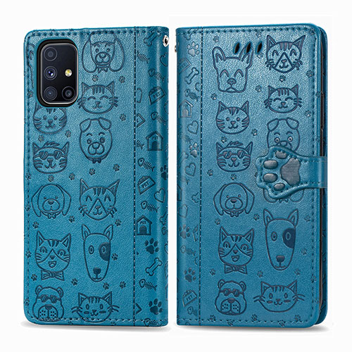 Leather Case Stands Fashionable Pattern Flip Cover Holder S03D for Samsung Galaxy M51 Blue