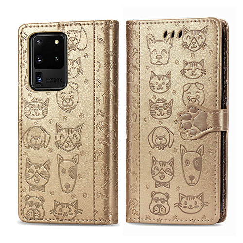 Leather Case Stands Fashionable Pattern Flip Cover Holder S03D for Samsung Galaxy S20 Ultra Gold