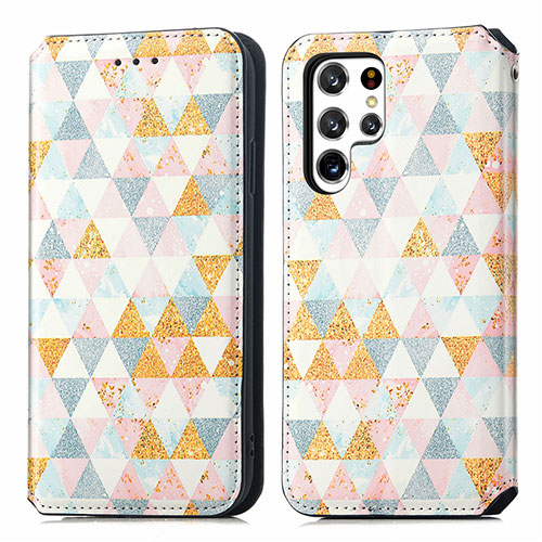 Leather Case Stands Fashionable Pattern Flip Cover Holder S03D for Samsung Galaxy S22 Ultra 5G White