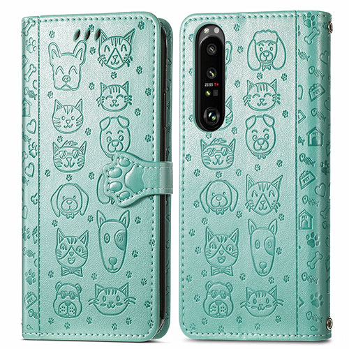 Leather Case Stands Fashionable Pattern Flip Cover Holder S03D for Sony Xperia 1 III Green