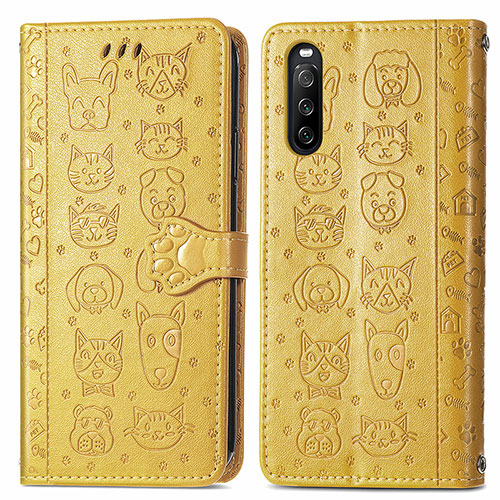 Leather Case Stands Fashionable Pattern Flip Cover Holder S03D for Sony Xperia 10 III Yellow