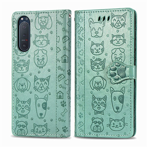 Leather Case Stands Fashionable Pattern Flip Cover Holder S03D for Sony Xperia 5 II Green