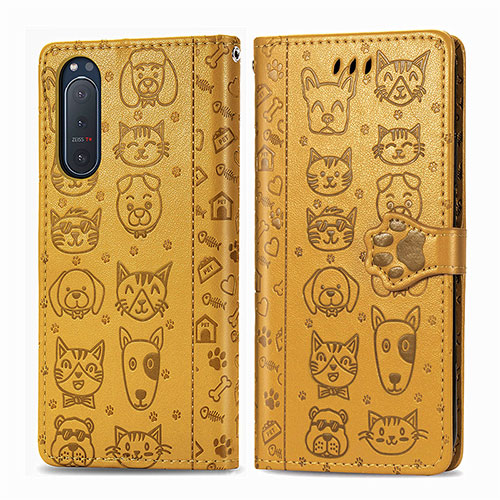 Leather Case Stands Fashionable Pattern Flip Cover Holder S03D for Sony Xperia 5 II Yellow