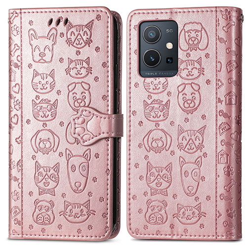 Leather Case Stands Fashionable Pattern Flip Cover Holder S03D for Vivo iQOO Z6 5G Rose Gold