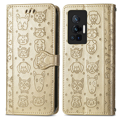Leather Case Stands Fashionable Pattern Flip Cover Holder S03D for Vivo X70 Pro 5G Gold