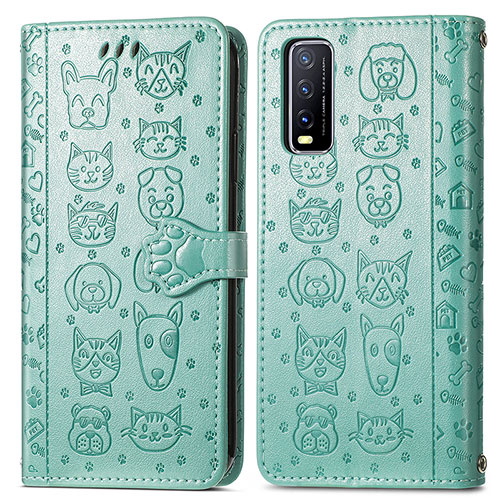 Leather Case Stands Fashionable Pattern Flip Cover Holder S03D for Vivo Y11s Green