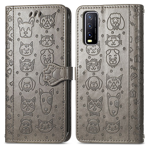 Leather Case Stands Fashionable Pattern Flip Cover Holder S03D for Vivo Y12s Gray