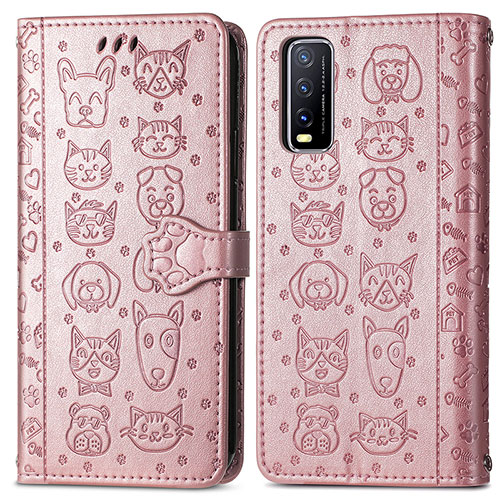 Leather Case Stands Fashionable Pattern Flip Cover Holder S03D for Vivo Y12s Rose Gold