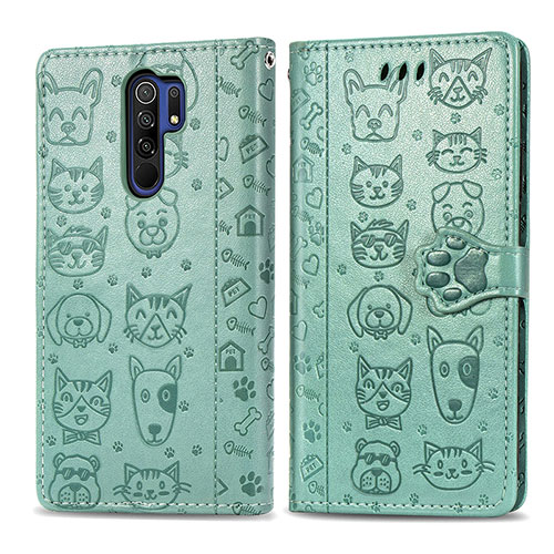 Leather Case Stands Fashionable Pattern Flip Cover Holder S03D for Xiaomi Redmi 9 Green