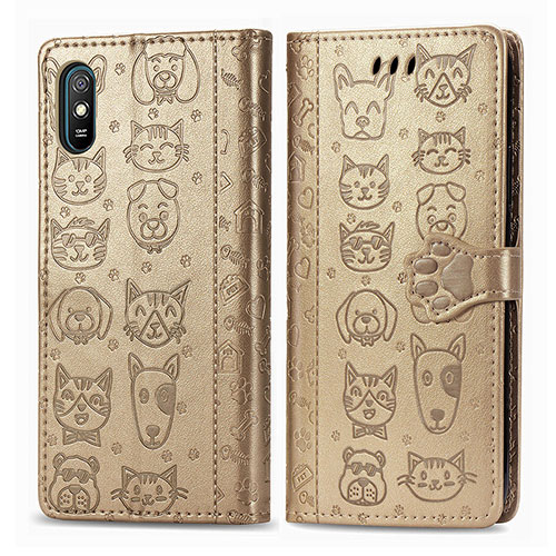 Leather Case Stands Fashionable Pattern Flip Cover Holder S03D for Xiaomi Redmi 9A Gold