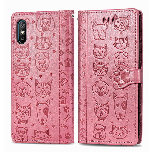 Leather Case Stands Fashionable Pattern Flip Cover Holder S03D for Xiaomi Redmi 9AT Pink
