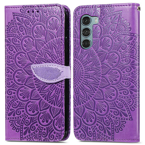 Leather Case Stands Fashionable Pattern Flip Cover Holder S04D for Motorola Moto G200 5G Purple