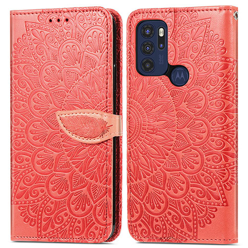 Leather Case Stands Fashionable Pattern Flip Cover Holder S04D for Motorola Moto G60s Red