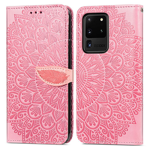 Leather Case Stands Fashionable Pattern Flip Cover Holder S04D for Samsung Galaxy S20 Ultra Rose Gold