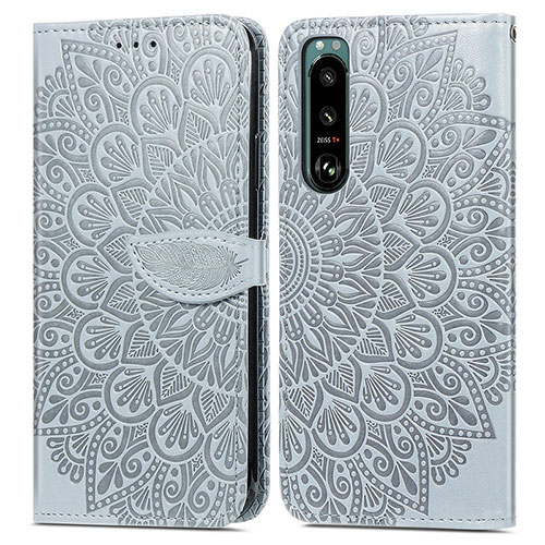 Leather Case Stands Fashionable Pattern Flip Cover Holder S04D for Sony Xperia 5 III Gray