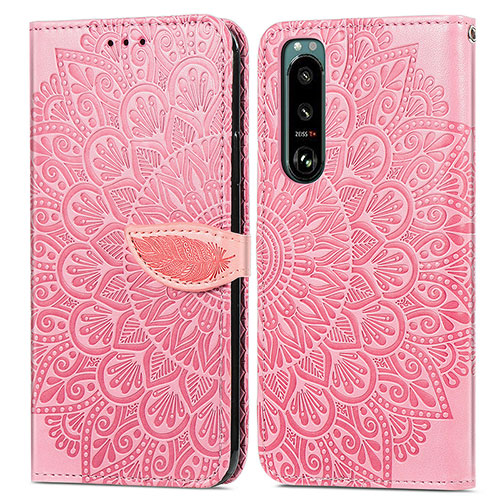 Leather Case Stands Fashionable Pattern Flip Cover Holder S04D for Sony Xperia 5 III Rose Gold