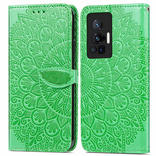 Leather Case Stands Fashionable Pattern Flip Cover Holder S04D for Vivo X70 Pro 5G Green
