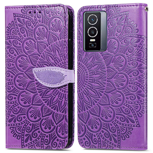 Leather Case Stands Fashionable Pattern Flip Cover Holder S04D for Vivo Y76 5G Purple