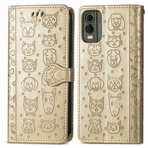 Leather Case Stands Fashionable Pattern Flip Cover Holder S05D for Nokia C32 Gold