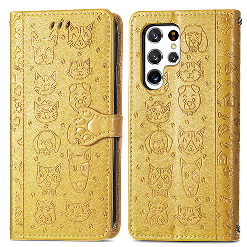 Leather Case Stands Fashionable Pattern Flip Cover Holder S05D for Samsung Galaxy S21 Ultra 5G Yellow