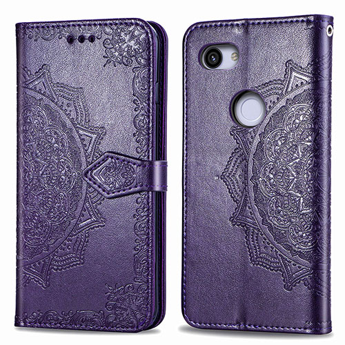 Leather Case Stands Fashionable Pattern Flip Cover Holder S07D for Google Pixel 3a XL Purple