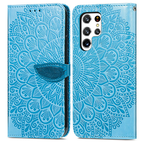 Leather Case Stands Fashionable Pattern Flip Cover Holder S07D for Samsung Galaxy S22 Ultra 5G Blue