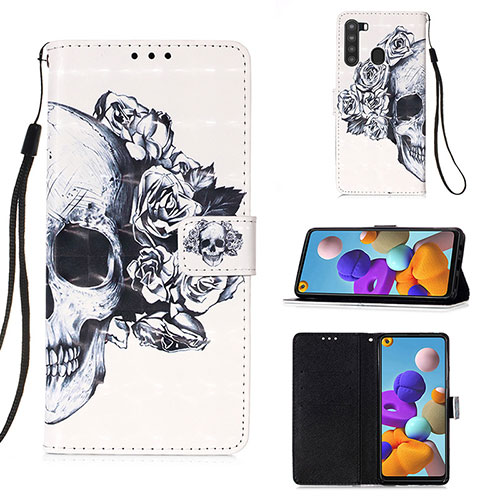 Leather Case Stands Fashionable Pattern Flip Cover Holder Y03B for Samsung Galaxy A21 Black