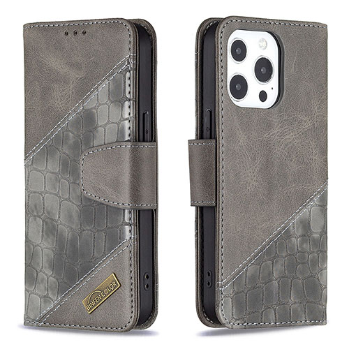 Leather Case Stands Fashionable Pattern Flip Cover L05 Holder for Apple iPhone 14 Pro Max Gray