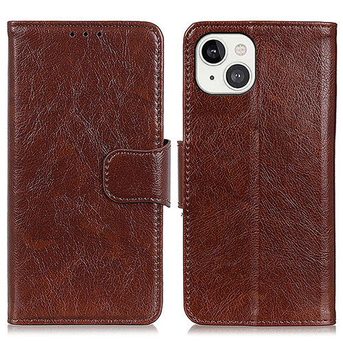 Leather Case Stands Flip Cover A02 Holder for Apple iPhone 14 Brown