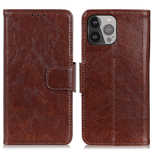 Leather Case Stands Flip Cover A02 Holder for Apple iPhone 14 Pro Max Brown