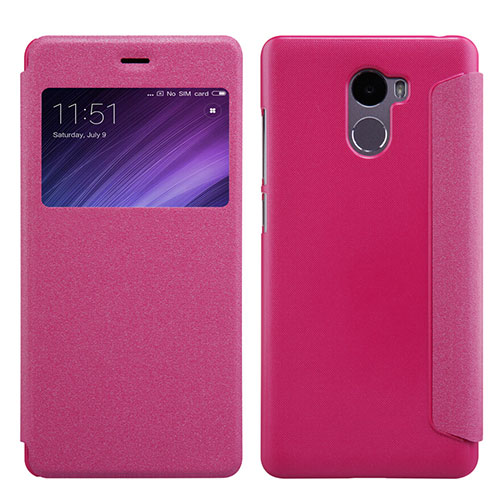 Leather Case Stands Flip Cover for Xiaomi Redmi 4 Standard Edition Hot Pink