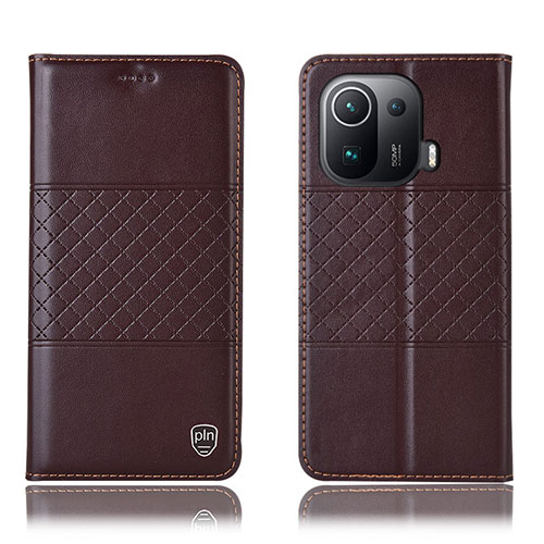 Leather Case Stands Flip Cover H04P Holder for Xiaomi Mi 11 Pro 5G Brown