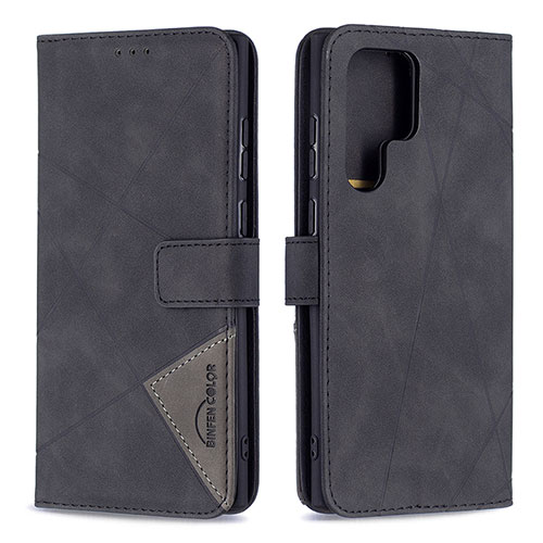Leather Case Stands Flip Cover Holder B02F for Samsung Galaxy S23 Ultra 5G Black