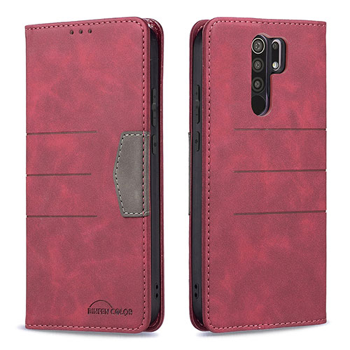Leather Case Stands Flip Cover Holder B02F for Xiaomi Redmi 9 Red