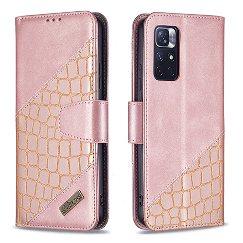 Leather Case Stands Flip Cover Holder B03F for Xiaomi Poco M4 Pro 5G Rose Gold
