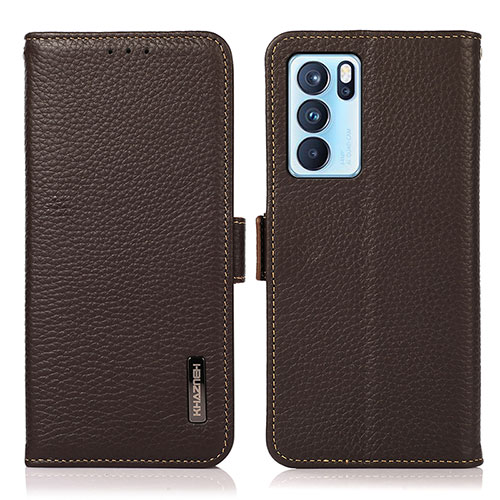 Leather Case Stands Flip Cover Holder B03H for Oppo Reno6 Pro 5G India Brown